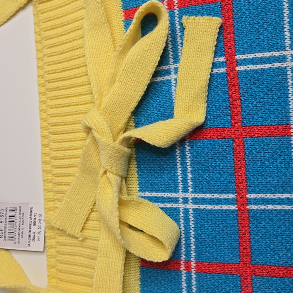 Women Knitting Shoulder Bag Contrast Color Checked Blue Yellow Coral NWT - Picture 5 of 8